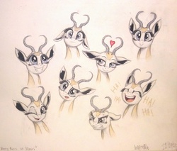 Size: 968x826 | Tagged: safe, artist:thefriendlyelephant, oc, oc only, oc:mmiri, antelope, springbok, adorable face, angry, animal in mlp form, bedroom eyes, confused, cute, dreamy, expressions, face, happy, heart, horns, laughing, surprised, traditional art, wink