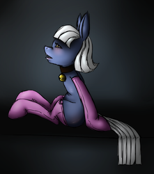 Size: 795x900 | Tagged: safe, artist:ferrettea, limestone pie, earth pony, pony, g4, bell, bell collar, blushing, clothes, collar, digital art, female, gloves, sad, sitting, socks, solo, stockings