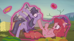 Size: 1366x768 | Tagged: safe, screencap, buzzsaw mccolt, tree h. hooffield, earth pony, pony, g4, the hooffields and mccolts, background pony, carrot, clothes, duo, female, food, freeze spell, hat, hooffield x mccolt, magic, magic aura, mare, mccolt family, shirt, shovel, tomato, transfixed, treesaw