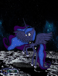 Size: 800x1042 | Tagged: safe, artist:scorpionskissx, princess luna, alicorn, pony, g4, female, moon, rearing, solo, space, style emulation, tim burton