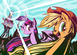 Size: 821x583 | Tagged: safe, artist:jowyb, applejack, twilight sparkle, alicorn, earth pony, pony, twijack weekly, g4, female, grin, lens flare, lesbian, looking at you, mare, open mouth, row row fight tha powah, ship:twijack, shipping, style emulation, tengen toppa gurren lagann, twilight sparkle (alicorn), twilight's castle, wingding eyes, wink