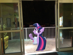 Size: 3264x2448 | Tagged: safe, artist:mr-kennedy92, artist:yetioner, twilight sparkle, g4, car, high res, irl, looking back, parking lot, photo, ponies in real life, saddle bag, sliding doors, solo, vector, waving