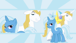 Size: 1920x1080 | Tagged: safe, artist:hawk9mm, artist:neodarkwing, artist:peachspices, artist:uxyd, prince blueblood, trixie, pony, unicorn, g4, cutie mark, double, duo, female, male, mare, ship:bluetrix, shipping, straight, vector, wallpaper