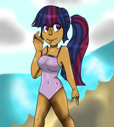 Size: 5000x5600 | Tagged: safe, artist:artistcoolpony, twilight sparkle, human, g4, absurd resolution, beach, clothes, dark skin, female, humanized, one-piece swimsuit, solo, swimsuit
