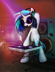 Size: 3800x5000 | Tagged: safe, artist:vitaj, dj pon-3, vinyl scratch, pony, unicorn, g4, bipedal, female, headphones, solo, speaker, turntable