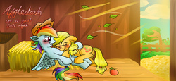 Size: 2835x1303 | Tagged: safe, artist:death-is-death, applejack, rainbow dash, earth pony, pegasus, pony, g4, duo, female, lesbian, ship:appledash, shipping, sleeping