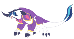 Size: 3207x1692 | Tagged: safe, artist:pyrus-leonidas, shining armor, kaiju, g4, armor, battle armor, kaijufied, roar, royal guard, royal purple, species swap, tail plume