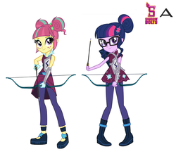 Size: 762x668 | Tagged: safe, artist:karalovely, sci-twi, sour sweet, twilight sparkle, equestria girls, g4, my little pony equestria girls: friendship games, archery, archery clothes, bow (weapon), crystal prep academy, crystal prep shadowbolts, friendship games archery outfit, friendship games outfit, simple background, tri-cross relay outfit, white background