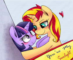 Size: 700x583 | Tagged: safe, artist:phyllismi, sunset shimmer, twilight sparkle, pony, unicorn, g4, blushing, duo, female, heart, lesbian, ship:sunsetsparkle, shipping