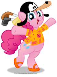 Size: 1024x1375 | Tagged: safe, artist:aleximusprime, pinkie pie, earth pony, pony, g4, aladdin, bipedal, chubby, clothes, crossover, cute, diapinkes, disney, female, golf club, goofy (disney), hawaiian shirt, sandals, simple background, solo, transparent background