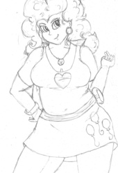 Size: 2164x3187 | Tagged: safe, artist:bigmacintosh2000, pinkie pie, equestria girls, g4, bracelet, chubby, cleavage, clothes, earring, female, high res, jacket, monochrome, necklace, piercing, plump, shirt, skirt, smiling, solo, traditional art