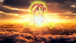 Size: 1280x720 | Tagged: safe, sunset shimmer, equestria girls, g4, my past is not today, catasterism, glowing, goddess, happy, pun, sunset, sunset shimmer is god, sunshine shimmer, visual pun