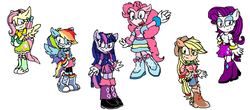 Size: 1480x654 | Tagged: safe, artist:manuel 104, artist:sonicwarriors7, applejack, fluttershy, pinkie pie, rainbow dash, rarity, twilight sparkle, anthro, plantigrade anthro, g4, bracelet, breasts, cleavage, clothes, equestria girls outfit, female, mane six, simple background, skirt, sonic the hedgehog (series), sonicified, style emulation, white background