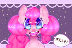 Size: 3000x2000 | Tagged: safe, artist:bunxl, pinkie pie, earth pony, pony, g4, cute, diapinkes, ear fluff, female, food, happy, heart eyes, high res, looking at you, mare, open mouth, pocky, pocky game, smiling, solo, wingding eyes