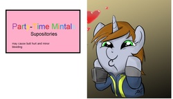 Size: 819x472 | Tagged: safe, artist:hazardmarine, artist:princeharmony, edit, oc, oc only, oc:littlepip, pony, unicorn, fallout equestria, addiction, clothes, fallout, fanfic, fanfic art, female, hooves, horn, jumpsuit, mare, mint-als, party time mintals, pipbuck, solo, suppository, vault suit