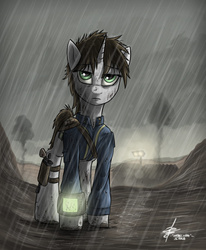 Size: 1280x1551 | Tagged: dead source, safe, artist:slawomiro, oc, oc only, oc:littlepip, pony, unicorn, fallout equestria, clothes, fanfic, fanfic art, female, gun, handgun, hooves, horn, jumpsuit, little macintosh, mare, mud, muddy, pipboy, pipbuck, rain, revolver, signature, smoke, solo, vault suit, wasteland, weapon