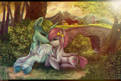 Size: 6000x3999 | Tagged: safe, artist:fly-gray, oc, oc only, pegasus, pony, unicorn, bridge, chromatic aberration, clothes, cottagecore, couple, cute, forest, mountain, shipping, windmill