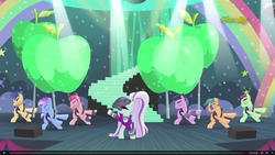 Size: 1920x1080 | Tagged: safe, screencap, coloratura, disco fever, limelight, new wave (g4), smooth move, spectrum shades, turbo bass, earth pony, pony, g4, season 5, the mane attraction, background dancers, countess coloratura, dancing, eyes closed, female, male, mare, singing, stage, stairs, stallion, the spectacle