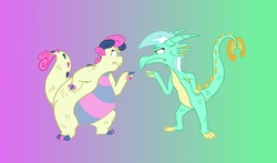 Size: 1280x754 | Tagged: safe, artist:catstuxedo, edit, vector edit, bon bon, lyra heartstrings, sweetie drops, dragon, g4, bon blob, colored, devon and cornwall, dragonified, fat, if i didn't have you, pointing, quest for camelot, species swap, vector