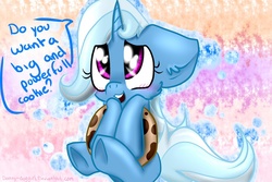Size: 1024x683 | Tagged: safe, artist:danny-doggirl, trixie, pony, unicorn, g4, blushing, bronybait, cookie, cute, diatrixes, female, food, mare, solo