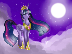 Size: 811x602 | Tagged: safe, artist:nevera573, twilight sparkle, alicorn, pony, g4, cloud, female, mare, moon, night, older twilight, solo, starry mane, twilight sparkle (alicorn), ultimate twilight