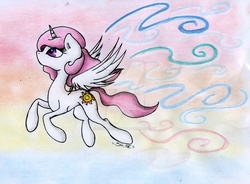 Size: 1024x754 | Tagged: safe, artist:rainbowshine94, princess celestia, g4, cewestia, female, filly, flying, pink-mane celestia, solo, traditional art, watermark