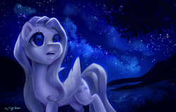 Size: 2200x1400 | Tagged: dead source, safe, artist:my-magic-dream, fluttershy, g4, eye reflection, female, lake, looking up, night, open mouth, reflection, scenery, scenery porn, solo, stars, tree, water