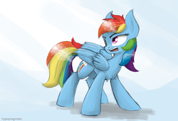 Size: 1280x875 | Tagged: safe, artist:blvckmagic, rainbow dash, g4, angry, chest fluff, female, frown, looking back, solo