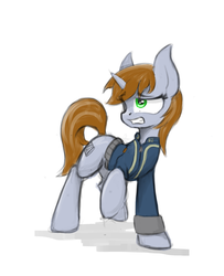 Size: 1280x1574 | Tagged: safe, artist:blvckmagic, oc, oc only, oc:littlepip, pony, unicorn, fallout equestria, clothes, cutie mark, fanfic, fanfic art, female, hooves, horn, jumpsuit, mare, raised hoof, simple background, solo, teeth, vault suit, white background