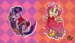 Size: 1177x674 | Tagged: safe, artist:sennishi, fluttershy, twilight sparkle, alicorn, pony, g4, book, clothes, costume, dress, female, halloween, mare, nightmare night, pixiv, rose, twilight sparkle (alicorn)