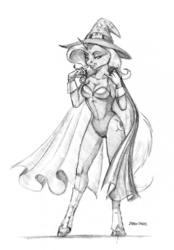 Size: 1000x1435 | Tagged: safe, artist:baron engel, trixie, anthro, unguligrade anthro, g4, bedroom eyes, breasts, cape, cleavage, clothes, female, grayscale, grin, high-cut clothing, leotard, looking at you, magician outfit, monochrome, pencil drawing, smiling, solo, spats, traditional art, undressing