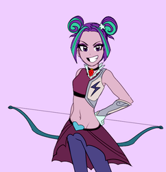 Size: 574x592 | Tagged: safe, artist:rileyav, aria blaze, equestria girls, g4, my little pony equestria girls: friendship games, alternate hairstyle, archery, archery clothes, aria flat, belly button, bow (weapon), clothes, clothes swap, delicious flat chest, double buns, female, friendship games archery outfit, friendship games outfit, gem, grin, midriff, odango, siren gem, smiling, solo, tri-cross relay outfit