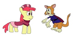 Size: 1598x787 | Tagged: artist needed, safe, apple bloom, cat, earth pony, pony, g4, banjo (character), banjo the woodpile cat, clothes, crossover, don bluth, female, filly, kitten, male