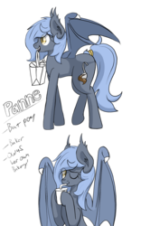 Size: 1024x1640 | Tagged: safe, artist:codras, oc, oc only, oc:panne, bat pony, pony, drink, female, mare, mouth hold, simple background, solo, transparent background