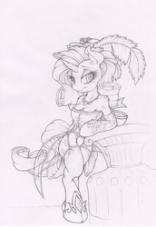 Size: 688x1000 | Tagged: safe, artist:dfectivedvice, rarity, anthro, g4, arm hooves, breasts, clothes, dress, female, grayscale, monochrome, solo, traditional art