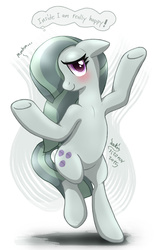 Size: 900x1420 | Tagged: safe, artist:joakaha, marble pie, earth pony, pony, g4, 2015, bipedal, blushing, cropped, cute, dancing, embarrassed, female, floppy ears, happy, looking at you, marblebetes, mare, signature, smiling, solo, talking, thought bubble