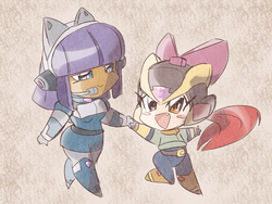 Size: 1600x1200 | Tagged: safe, artist:thegreatrouge, apple bloom, maud pie, equestria girls, g4, armor, capcom, chibi, clothes, crossover, duo, holding hands, humanized, mega man (series), megaman x, megaman zero, mini, open mouth, walking