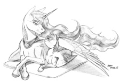 Size: 973x678 | Tagged: safe, artist:baron engel, princess luna, oc, oc:destined path, alicorn, pony, fanfic:the growing years, g4, alicorn oc, commission, fanfic art, hooves, horn, monochrome, pencil drawing, traditional art, wings