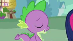 Size: 580x326 | Tagged: safe, screencap, spike, twilight sparkle, alicorn, dragon, pony, g4, what about discord?, animated, bump, eyes closed, female, male, mare, raised eyebrow, spike running into twilight's rear, twilight sparkle (alicorn)