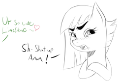 Size: 1150x777 | Tagged: safe, artist:thethunderpony, limestone pie, oc, oc only, oc:anon, earth pony, pony, g4, blushing, cute, female, frown, heart, limetsun pie, looking away, mare, monochrome, offscreen character, open mouth, simple background, sketch, solo, tsundere