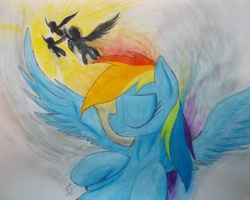 Size: 4027x3216 | Tagged: safe, artist:scribblepwn3, rainbow dash, pegasus, pony, g4, daydream, flying, pen drawing, silhouette, traditional art, watercolor painting, wonderbolts