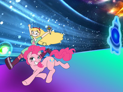 Size: 1357x1011 | Tagged: safe, artist:tehmangabrony, pinkie pie, earth pony, pony, g4, crossover, dimension travel, female, mare, portal, rainbow, royal magic wand, smiling, space, star butterfly, star vs the forces of evil, vector