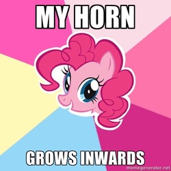 Size: 600x600 | Tagged: safe, pinkie pie, pony, unicorn, g4, image macro, inwards horn, meme, this explains everything, unicorn pinkie pie