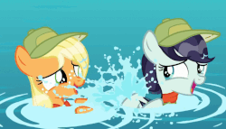 Size: 1050x600 | Tagged: safe, screencap, applejack, coloratura, earth pony, pony, g4, season 5, the mane attraction, animated, camp friendship, clothes, cute, female, filly, filly applejack, filly coloratura, freckles, hat, hoofy-kicks, jackabetes, looking at each other, open mouth, playing, rara, rarabetes, scout uniform, smiling, water, weapons-grade cute, younger