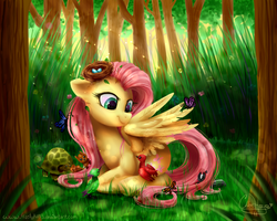 Size: 1000x800 | Tagged: safe, artist:frostykat13, fluttershy, bird, butterfly, pegasus, pony, squirrel, tortoise, g4, animal, crepuscular rays, critters, female, forest, nest, nest hat, prone, solo