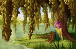 Size: 5100x3300 | Tagged: safe, artist:grennadder, fluttershy, bird, butterfly, human, g4, absurd resolution, boots, clothes, eyes closed, female, grass, hoodie, humanized, lake, scenery, sitting, smiling, solo, tree, under the tree, water, weeping willow