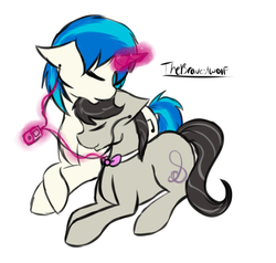 Size: 948x901 | Tagged: safe, artist:thebravestwolf, dj pon-3, octavia melody, vinyl scratch, earth pony, pony, unicorn, g4, commission, cute, eyes closed, female, glowing horn, headphones, horn, ipod, lesbian, mare, sharing headphones, ship:scratchtavia, shipping, simple background, white background