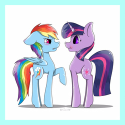 Size: 1774x1774 | Tagged: safe, artist:itsizzybel, rainbow dash, twilight sparkle, g4, annoyed, floppy ears, frown, raised hoof, simple background, smiling