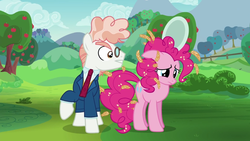 Size: 1279x719 | Tagged: safe, screencap, pinkie pie, svengallop, earth pony, pony, g4, season 5, the mane attraction, apple tree, bullying, clothes, duo, female, food, glare, gritted teeth, male, mare, messy mane, necktie, plate, sad, stallion, suit, tree, wheat