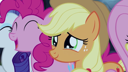 Size: 1279x719 | Tagged: safe, screencap, applejack, fluttershy, pinkie pie, rarity, earth pony, pegasus, pony, unicorn, g4, the mane attraction, applejack's hat, cheering, cowboy hat, crying, crying on the outside, female, hat, liquid pride